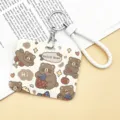 Cute cartoon pull-type card holder bus meal access card protective cover with keychain - Horizontal Style - Brown Bear Holding Strawberry with White Edged Leather Rope