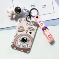 Astronaut sliding card holder keychain with cute cartoon pendant and pink rocket strap. - Spaceship Astronaut + Pink Astronaut Figurine