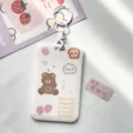 Cute cartoon bear ID card holder with retractable lanyard, white IC card protective sleeve. - 100% Strawberry Bear and White Handcuff Clasp