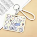Cute cartoon push-pull card holder with white braided wrist strap for ID bus card case - Horizontal Style - Yellow Bubble Bunny & White-Edged Leather Cord