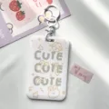 Cute white card holder with keychain, cartoon rabbit and letter print for daily transit cards. - Line Art Cute Rabbit and White Handcuff Clasp