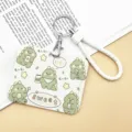 Cute cartoon dinosaur sliding card holder with a white braided leather keychain. - Horizontal Style - Plaid Little Dinosaur + White Edged Leather Cord
