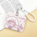Cute cartoon pink cardholder with white braided lanyard, bus pass and ID badge protector case. - Horizontal Style - Girl in Pink Pajamas + White Edged Leather Cord