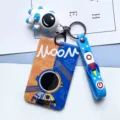 Cute astronaut card sleeve hard shell plastic id badge holder with rocket strap pendant - Orange and Blue Astronaut with Blue Astronaut Figurine