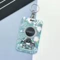 Cute cartoon astronaut bus card holder with keychain, durable ID card sleeve for students. - Green Standing Astronaut / Round Buckle