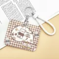 Cute cartoon push-pull card holder bus meal access card protective cover with white wrist strap - Horizontal Style - Brown Plaid Bear + White Bordered Leather Cord