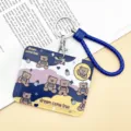 Cute cartoon pull-type card sleeve student bus meal access card protective cover with lanyard. - Horizontal Style - Colorful Cloud Bear + Dark Blue Edged Leather Cord