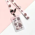 Cute cartoon bear transparent waterproof card holder with lanyard for student campus ID cards. - Strawberry Brown Bear + Paw Print Bear Long Lanyard / Vertical PP Card Sleeve