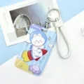 Cute cartoon sliding card holder with lanyard, bus card protective case for students. - Striped Rocket Rabbit with White Edged Leather Cord