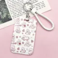 Cute pink rabbit card holder with white braided lanyard and keychain, ideal for students. - Cute 100% Rabbit with White Hemming Leather Cord