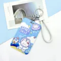 Cute cartoon space rabbit ID card holder with braided lanyard, protective bus card sleeve. - Checkered Astro Rabbit with White Edged Leather Cord