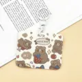 Cute cartoon student card holder pull-type bus access card protective cover with keychain - Horizontal - Brown Bear Holding Strawberry + White Handcuff Clasp