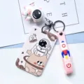 Plastic sliding astronaut card holder with cute cartoon pendant and rocket lanyard for students - Planet Astronaut with Pink Astronaut Figurine