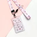 Cute cartoon transparent card holder with pink lanyard, student bus card protective case variant. - LUCK Rabbit + LUCK Rabbit Long Lanyard / Vertical PP Card Sleeve