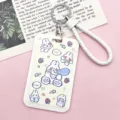 Cute white push-pull card holder, cartoon rabbit pattern badge case with braided strap. - Yellow Bubble Rabbit with White Hemming Leather Cord