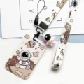 Astronaut Card Holder Lanyard Cute Student ID Badge Case Waterproof Protective Cover - Star Astronaut + Brown Astronaut Long Lanyard (Pink Figure)