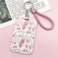Cute cartoon rabbit card holder with pink braided strap and keychain for students. - Carrot Rabbit with Pink Hemming Leather Cord
