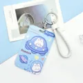Cute cartoon space rabbit sliding card holder with wrist strap and keychain for students. - Spaceship Astronaut Rabbit + White Edged Leather Cord