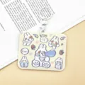 Cute cartoon sliding card holder with keychain, bus card protector badge holder variant - Horizontal Style - Yellow Bubble Rabbit + White Handcuff Clasp