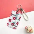 Durable student card holder with lanyard, cute red flower plaid design for ID bus cards. - Blue Grid Flower (With Hand Strap)