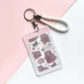 Clear plastic card holder cute cartoon bear badge holder with lanyard keychain ID cover - Strawberry Brown Bear + White Hand Strap / Vertical PP Card Sleeve