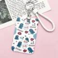 Cute cartoon dinosaur badge holder with white braided strap keychain variant style option. - Many Little Monsters with White Hemming Leather Cord