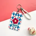 Cute blue and white argyle red flower badge card holder with keychain and lanyard. - Heart Blue Argyle Flower (With Hand Strap)