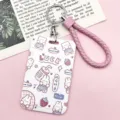 Cute Cartoon Rabbit Card Holder with Pink Braided Strap and Keychain Lanyard. - LUCK Rabbit with Pink Hemming Leather Cord