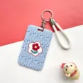 Cute blue floral card holder with wrist strap and keychain, durable ID badge protector case. - Blue Floral Bottom Red Flower (With Hand Strap)