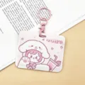 Pink cute cartoon push-pull card holder transit ID card protective sleeve cute keychain - Horizontal Pink Pajama Girl with Pink Handcuff Buckle
