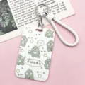 Cute dinosaur ID card holder with braided leather strap keychain for students and office use. - Checkered Little Dinosaur with White Hemming Leather Cord