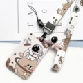 Plastic sliding hard-shell astronaut ID cardholder with lanyard and 3D pendant for students. - Planet Astronaut + Brown Astronaut Long Lanyard (Pink Figure)
