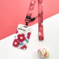 Red floral print ID card holder with matching lanyard and cute bear ornament for daily use. - Red Grey Argyle Flower (With Lanyard)