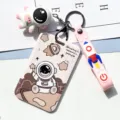 Cute astronaut card holder with keychain, pink rocket strap slide card case for students ID. - Star Astronaut + Pink Astronaut Figurine