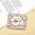 Cute cartoon sliding card holder for bus pass and ID, brown plaid aesthetic protector. - Horizontal - Brown Plaid Bear + White Handcuff Clasp