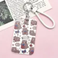 Cute cartoon bear card holder with white braided wrist strap and metal keychain for students ID. - Brown Bear with Strawberry + White Edged Leather Cord