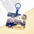 Cute cartoon bear push-pull card sleeve ID bus card protective cover with blue clasp. - Horizontal - Rainbow Cloud Bear + Blue Handcuff Clasp