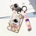 Cute astronaut card holder with rocket strap and pendant for student ID and bus pass. - Bowtie Astronaut + Pink Astronaut Figurine