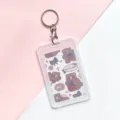 Transparent waterproof cartoon card holder with keychain, cute bear design for student ID cards. - Strawberry Brown Bear + Round Buckle / Vertical PP Card Sleeve