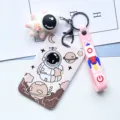 Pink astronaut card holder with cute rocket lanyard, student ID badge protector sleeve keychain. - Star-Hugging Astronaut + Pink Astronaut Figurine