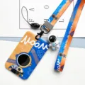 Cute astronaut lanyard and card holder set, blue and orange slide hard shell student ID badge case. - Orange & Blue Astronaut + Orange & Blue Long Lanyard (Blue Figure)