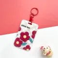 Durable floral card holder with key ring, cute ID badge protector case for student bus card. - Red Grey Argyle Flower (With Clasp)