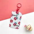 Cute floral card holder with metal keychain, durable student ID badge case for daily use. - Blue Grid Flower (With Clasp)