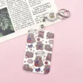Cute cartoon bear card holder with retractable reel and keychain for student ID bus card badge. - Brown Bear with Strawberry + White Retractable Badge Reel (Brown Bear)