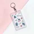 Cute Transparent Cartoon Card Holder Waterproof ID Badge Case with Keychain for Student - Many Little Monsters + Round Buckle / Vertical PP Card Sleeve