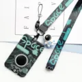 Space astronaut theme hard shell card holder with lanyard student ID protective cover variant - Black Base Green Astronaut + Black & Green Long Lanyard (Blue Figure)