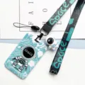 Cute cartoon astronaut card holder with lanyard student ID badge holder protective case - Green Standing Astronaut + Black & Green Long Lanyard (Blue Figure)