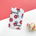 Cute blue grid card holder with red flowers, durable sliding ID badge cover for daily use. - Blue Grid Flower (No Accessories)