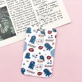 Cute cartoon dinosaur push-pull card holder student bus pass badge sleeve with keychain - Many Little Monsters + White Handcuff Clip
