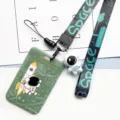 Space theme student ID card holder with astronaut lanyard and cute pendant set green. - Spaceship Astronaut + Black & Green Long Lanyard (Blue Figure)